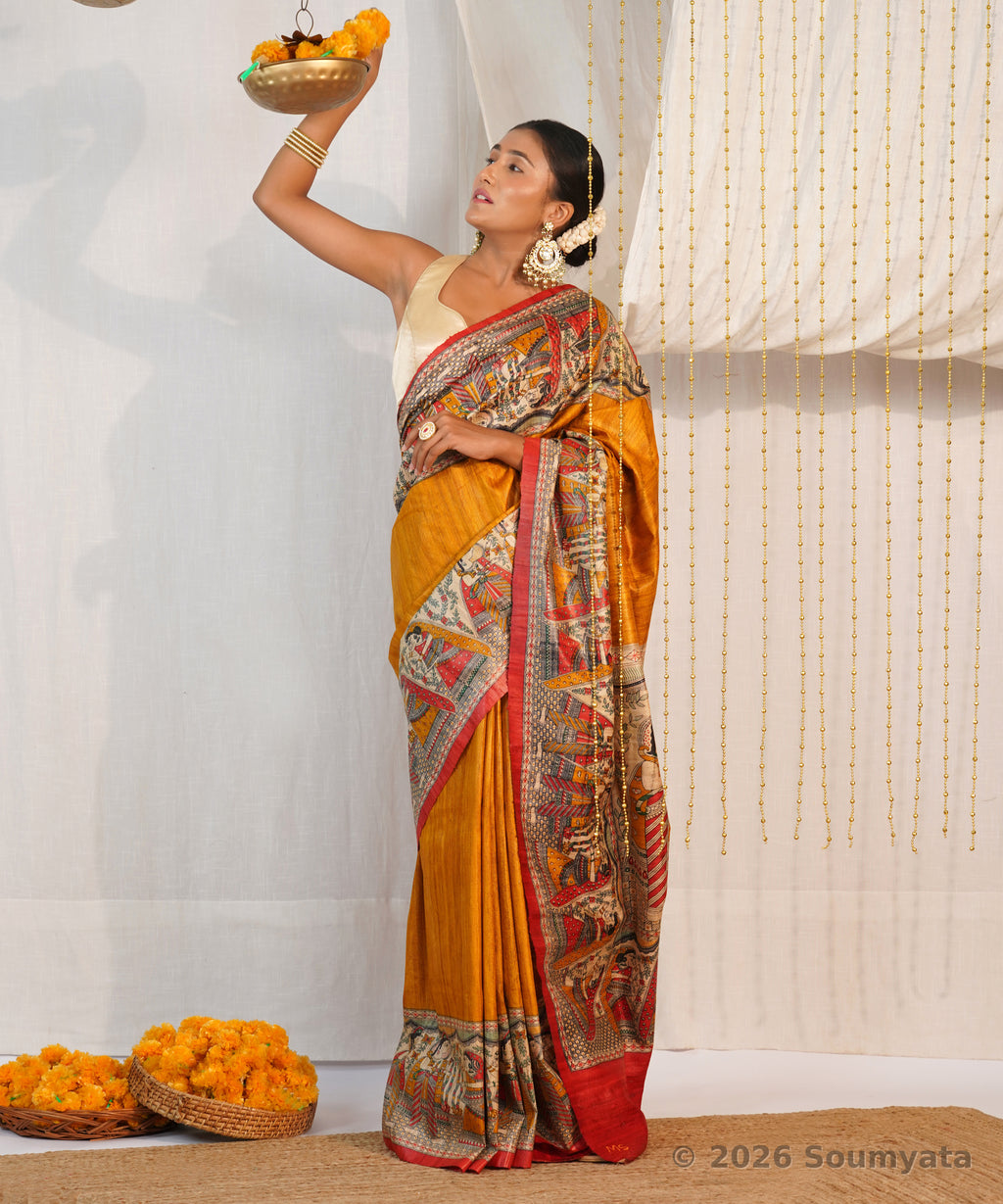 Mustard Yellow Madhubani Print Tussar Ghicha Silk Saree – Bhagalpuri Handloom