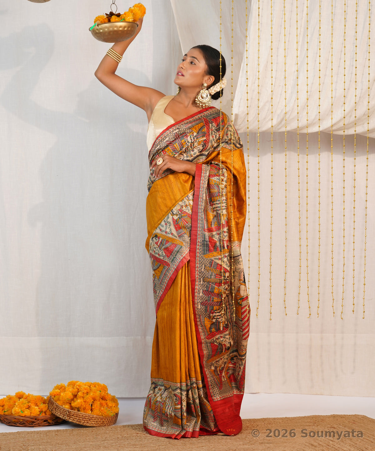 Mustard Yellow Madhubani Print Tussar Ghicha Silk Saree – Bhagalpuri Handloom
