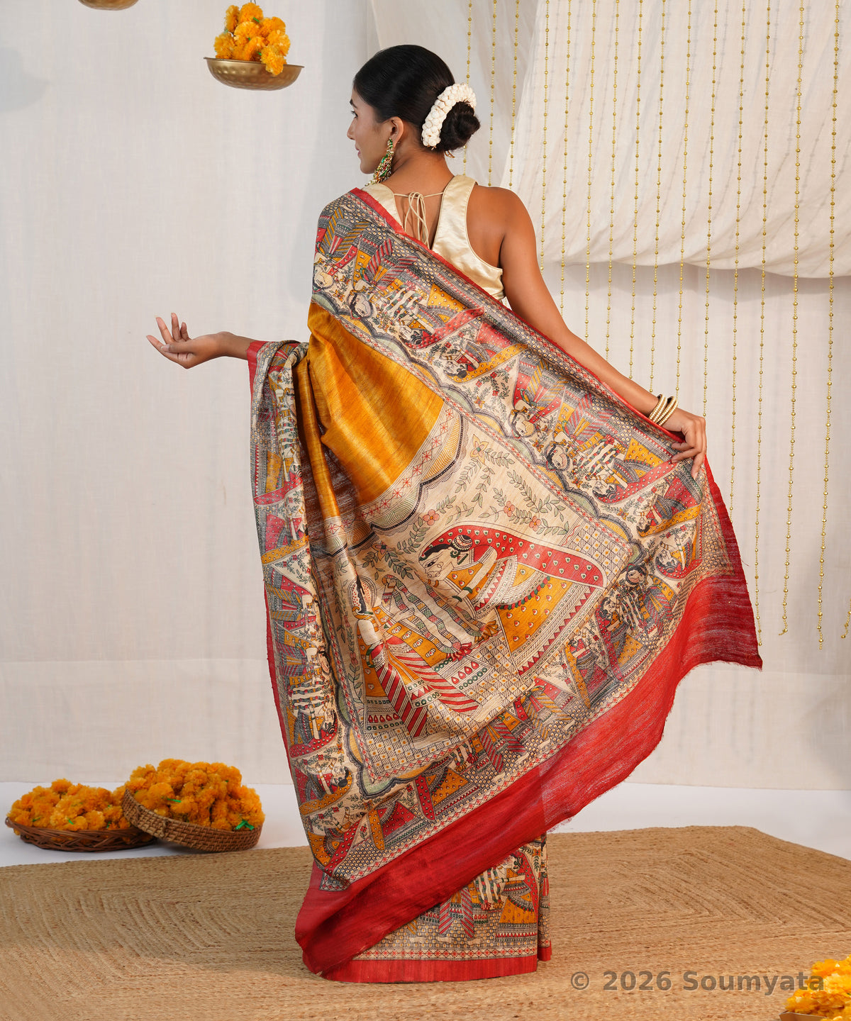 Mustard Yellow Madhubani Print Tussar Ghicha Silk Saree – Bhagalpuri Handloom