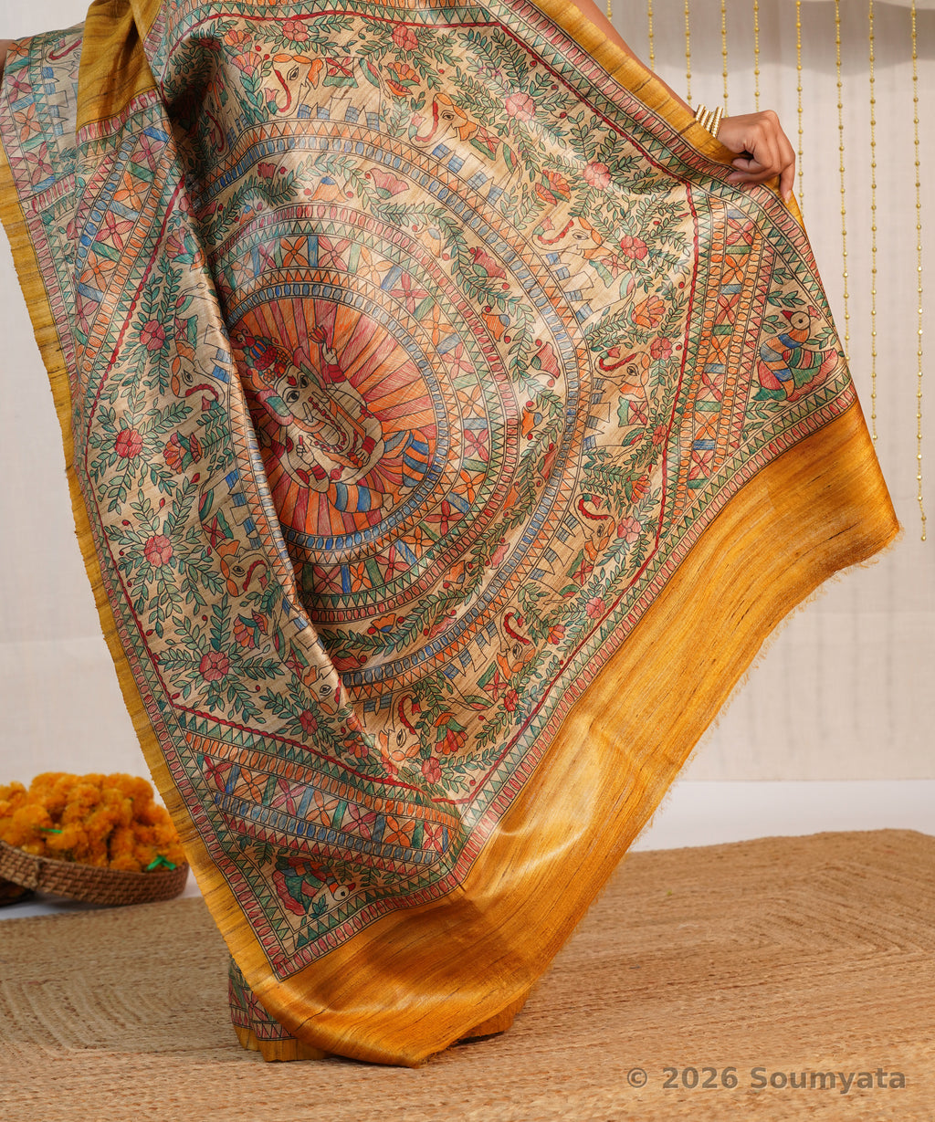 Golden Yellow Hand Painted Madhubani Tussar Ghicha Silk Saree – Bhagalpuri