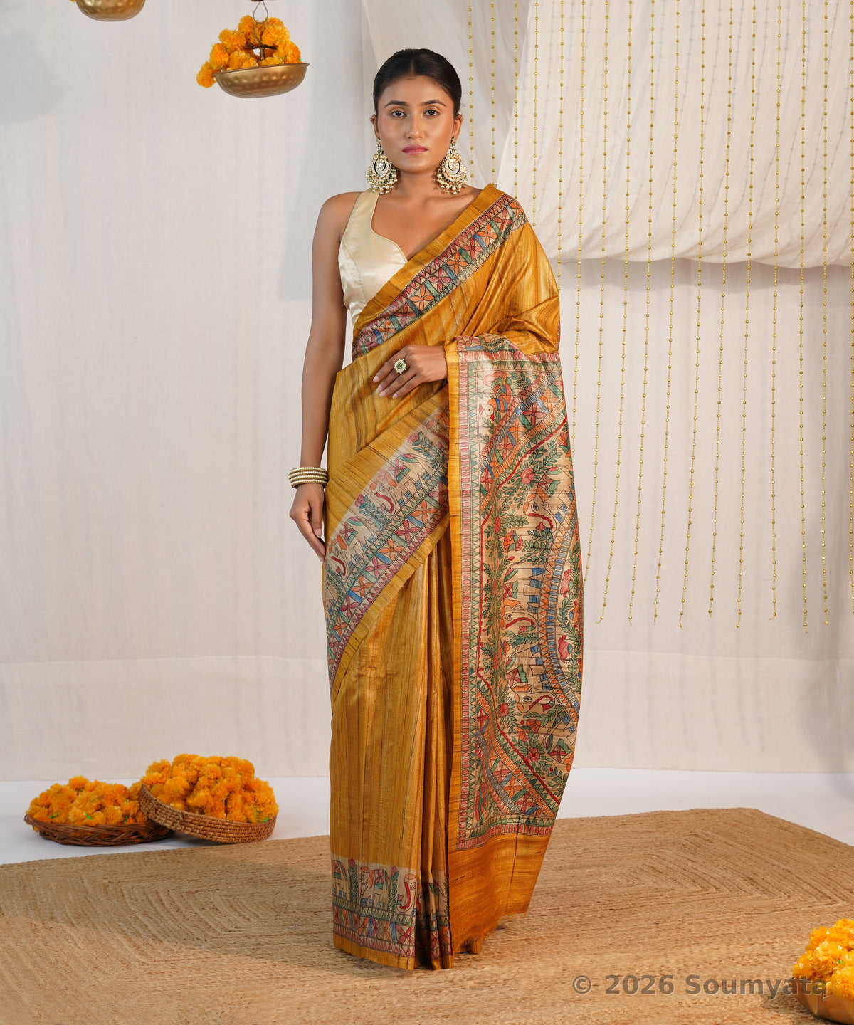 Golden Yellow Hand Painted Madhubani Tussar Ghicha Silk Saree – Bhagalpuri