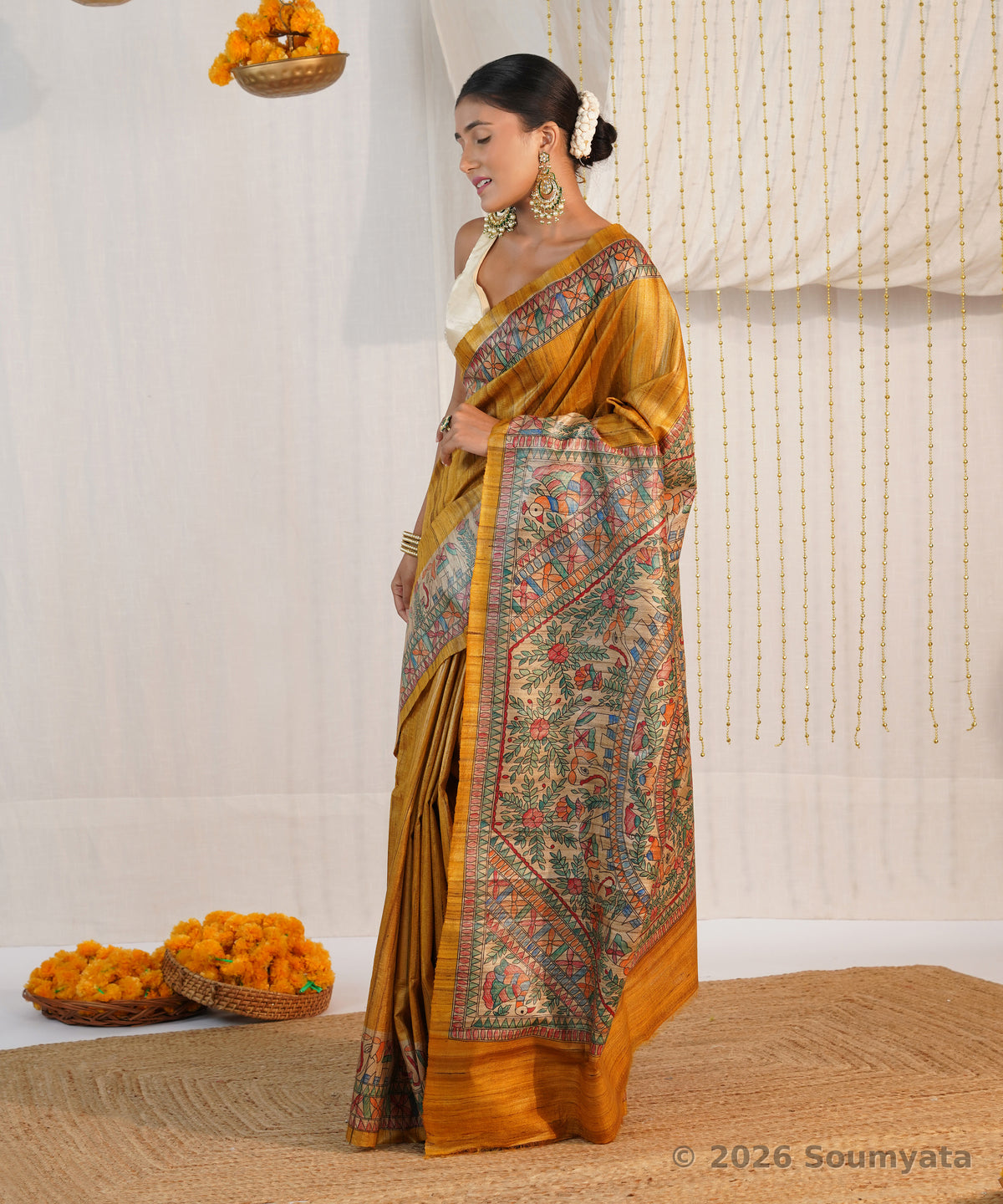 Golden Yellow Hand Painted Madhubani Tussar Ghicha Silk Saree – Bhagalpuri
