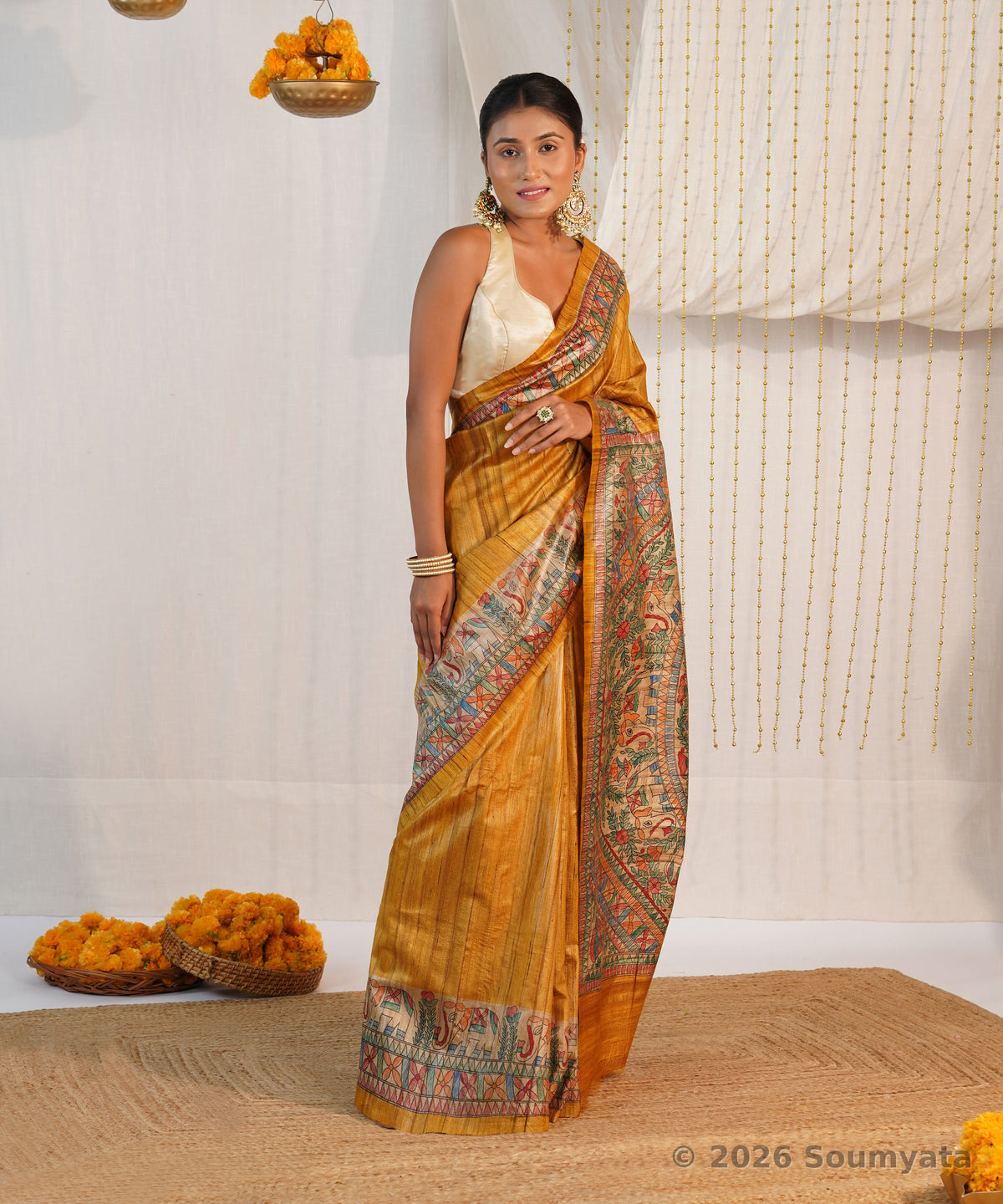 Golden Yellow Hand Painted Madhubani Tussar Ghicha Silk Saree – Bhagalpuri