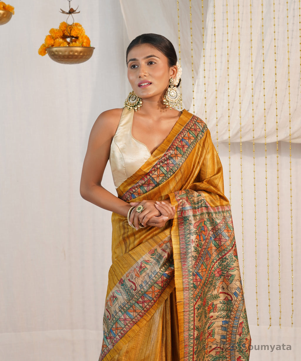Golden Yellow Hand Painted Madhubani Tussar Ghicha Silk Saree – Bhagalpuri