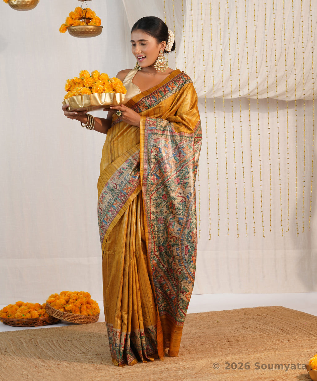 Golden Yellow Hand Painted Madhubani Tussar Ghicha Silk Saree – Bhagalpuri