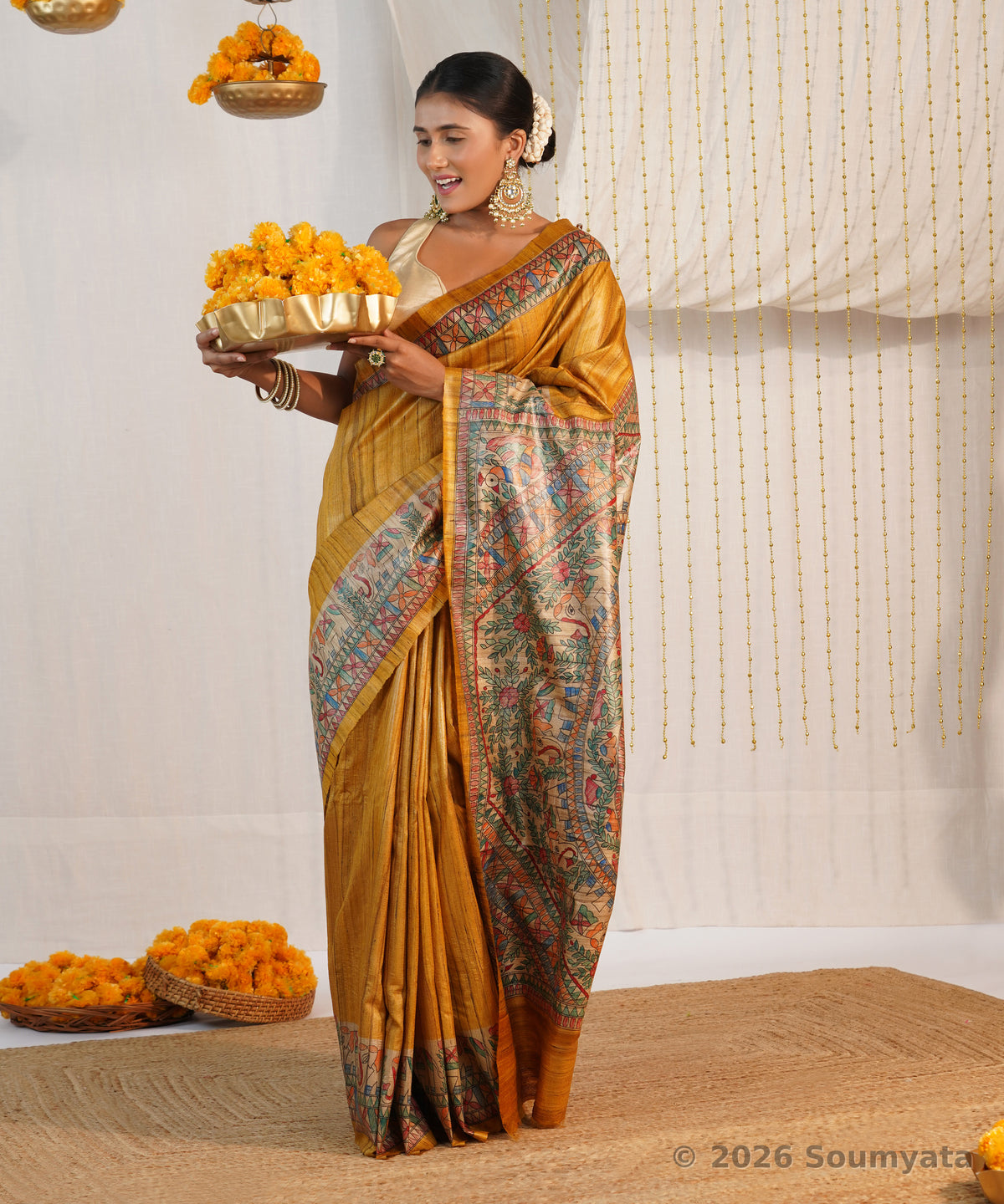 Golden Yellow Hand Painted Madhubani Tussar Ghicha Silk Saree – Bhagalpuri