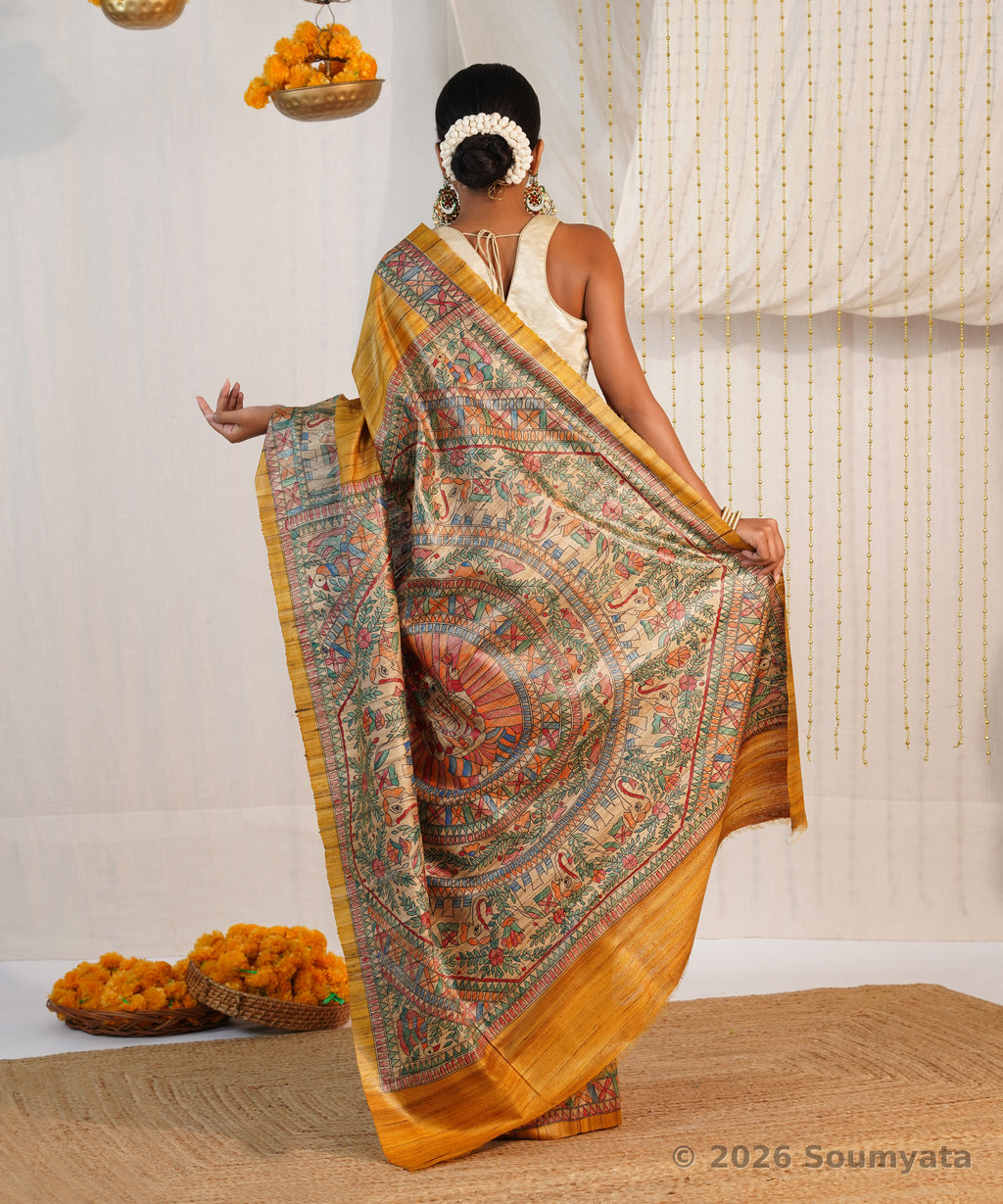 Golden Yellow Hand Painted Madhubani Tussar Ghicha Silk Saree – Bhagalpuri