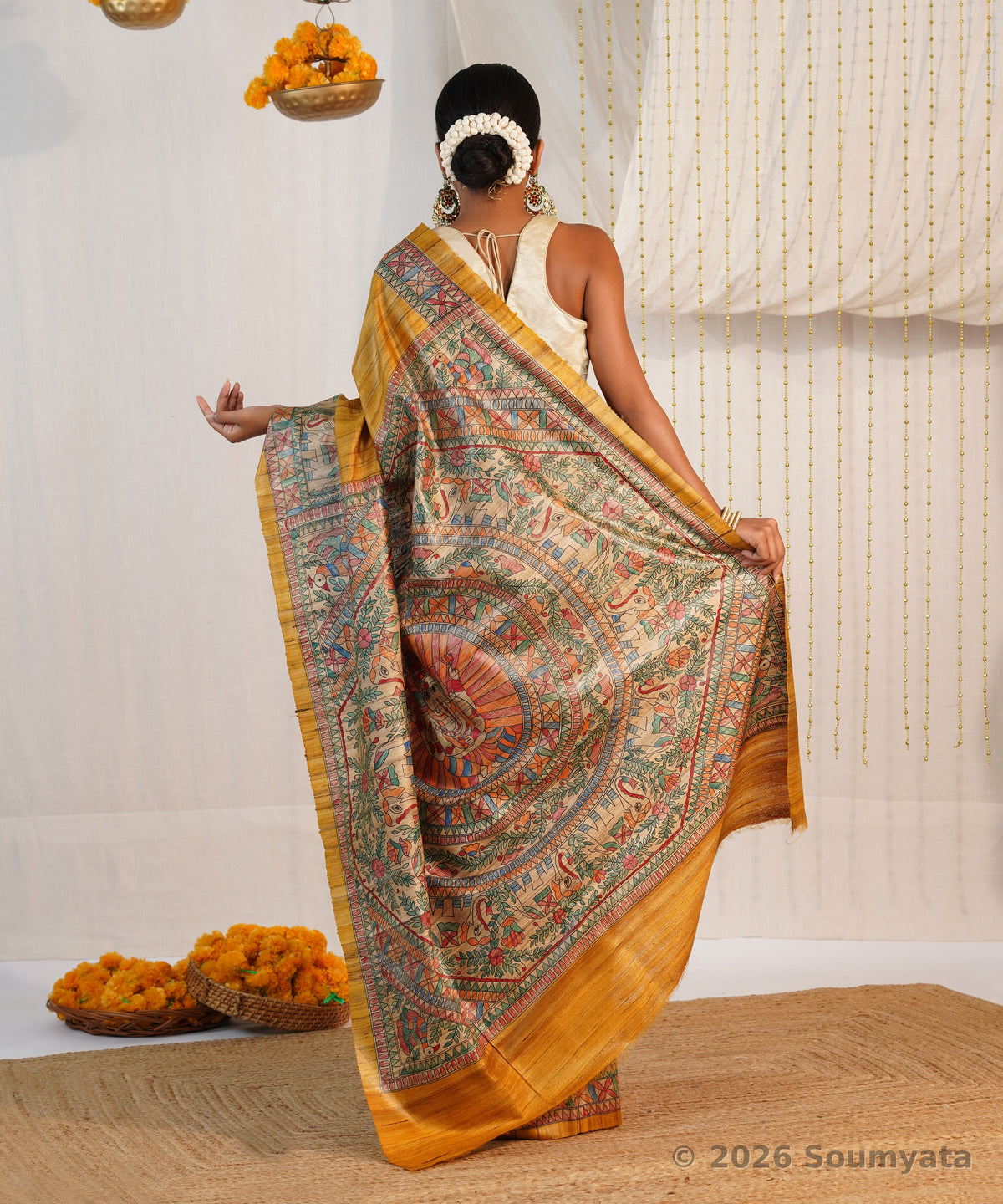 Golden Yellow Hand Painted Madhubani Tussar Ghicha Silk Saree – Bhagalpuri