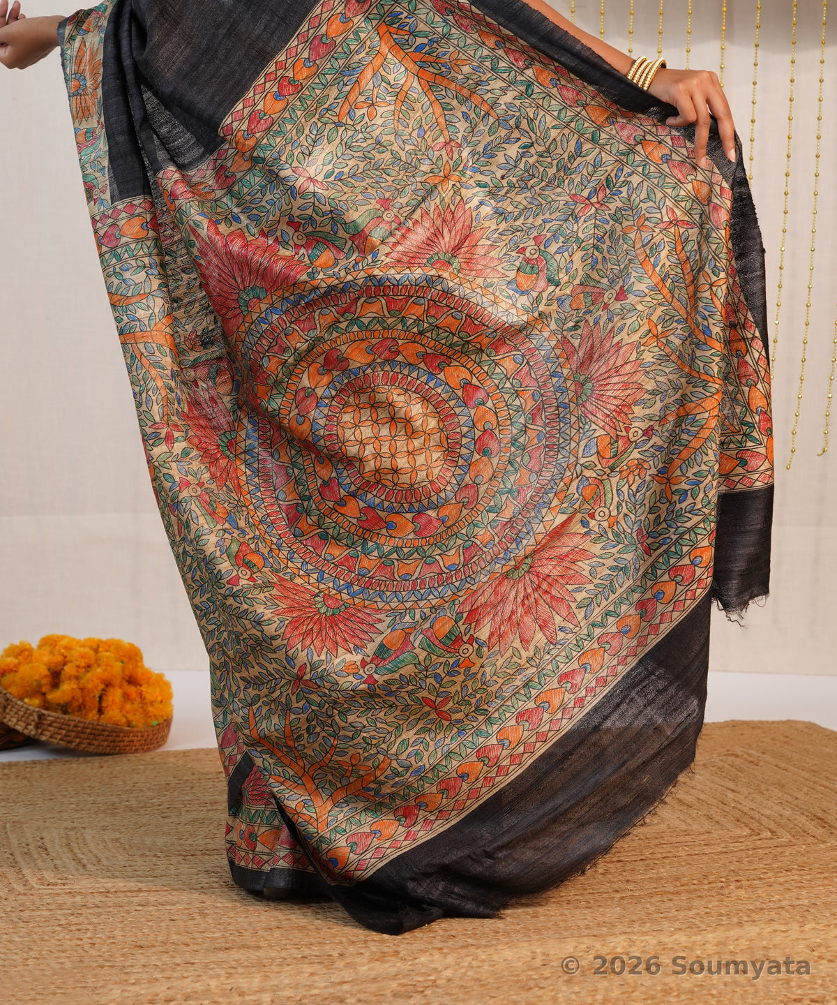 Black Hand Painted Madhubani Tussar Ghicha Silk Saree – Bhagalpuri Handloom
