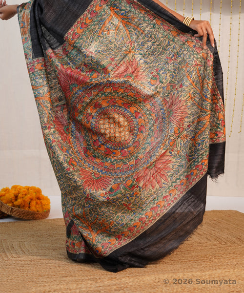 Black Hand Painted Madhubani Tussar Ghicha Silk Saree – Bhagalpuri Handloom