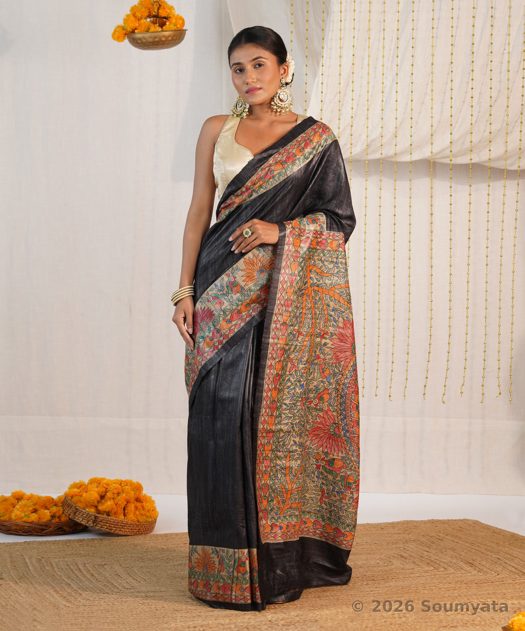Black Hand Painted Madhubani Tussar Ghicha Silk Saree – Bhagalpuri Handloom
