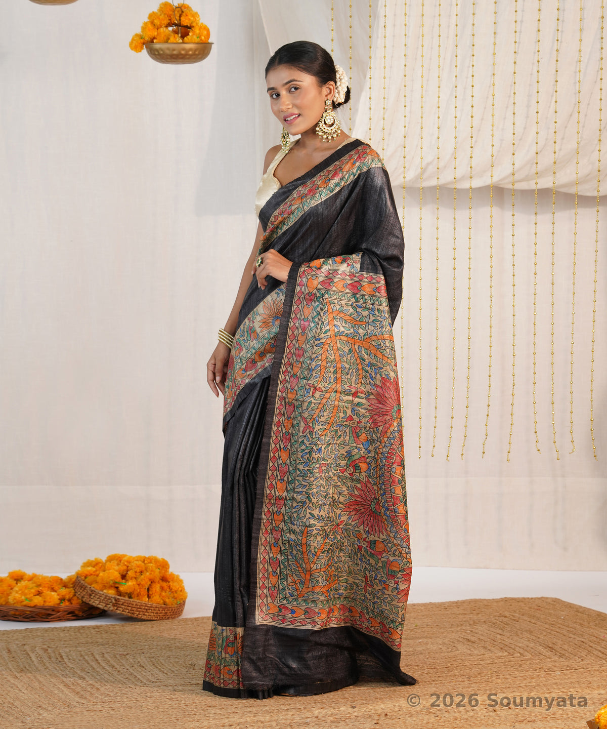 Black Hand Painted Madhubani Tussar Ghicha Silk Saree – Bhagalpuri Handloom