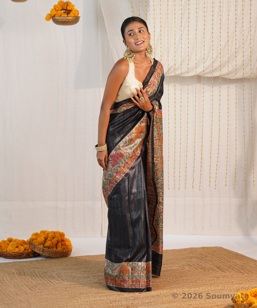 Black Hand Painted Madhubani Tussar Ghicha Silk Saree – Bhagalpuri Handloom