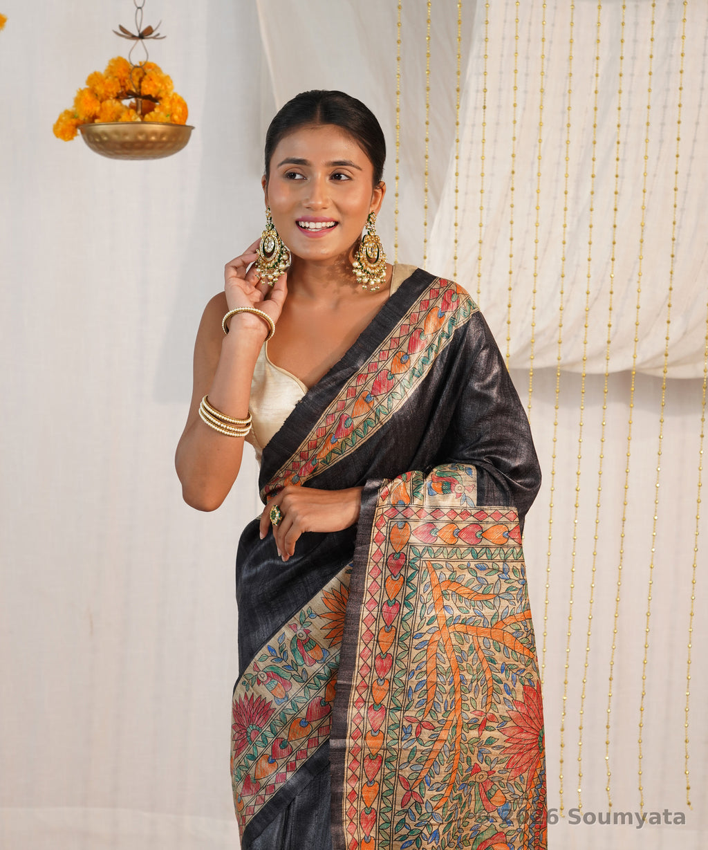 Black Hand Painted Madhubani Tussar Ghicha Silk Saree – Bhagalpuri Handloom