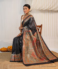Black Hand Painted Madhubani Tussar Ghicha Silk Saree – Bhagalpuri Handloom