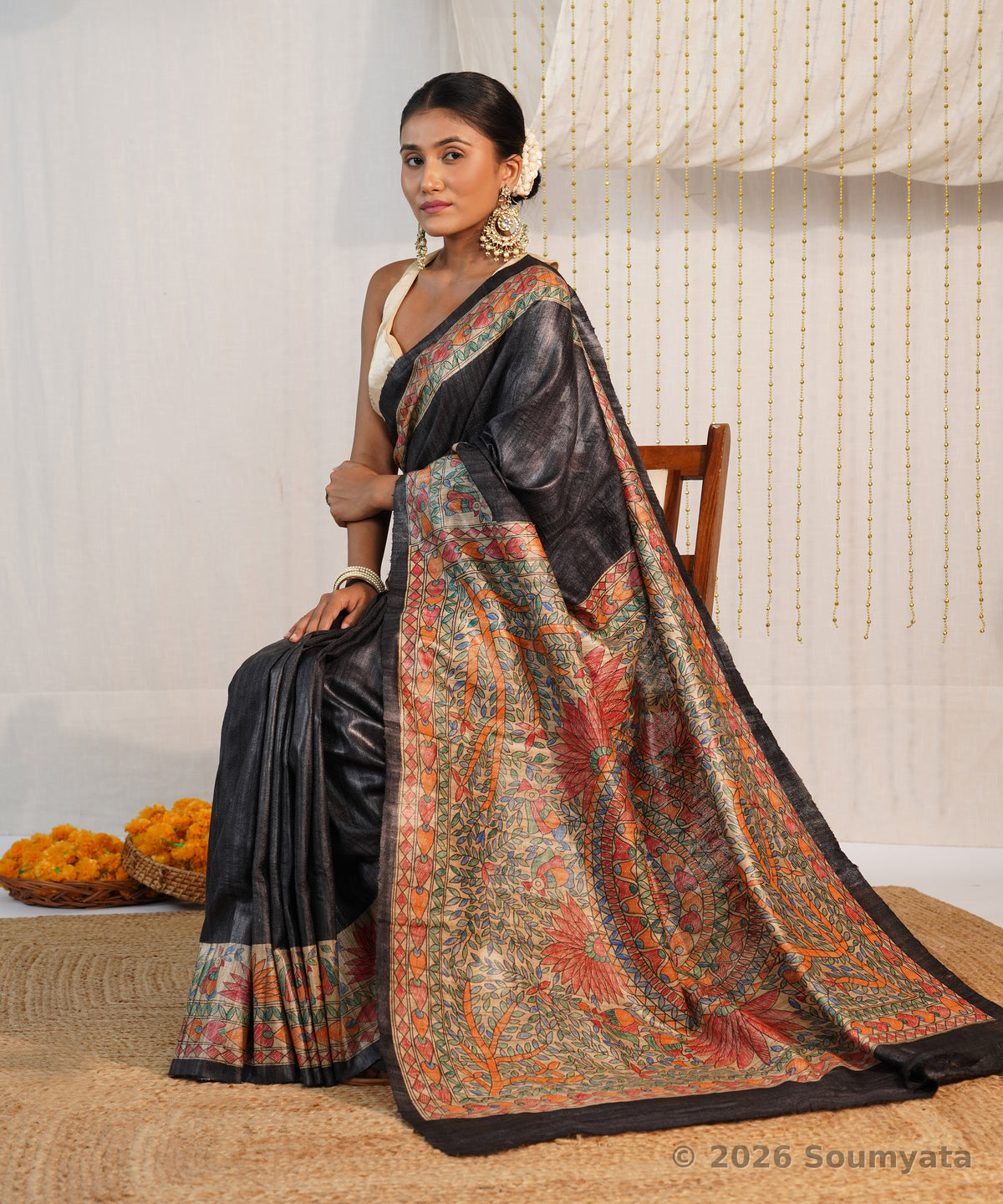 Black Hand Painted Madhubani Tussar Ghicha Silk Saree – Bhagalpuri Handloom