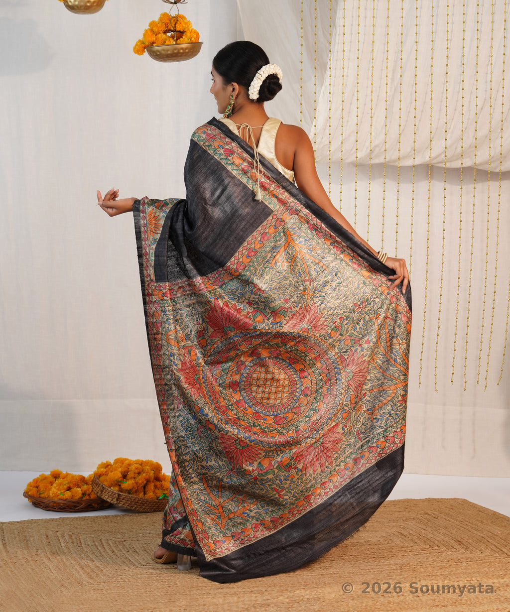 Black Hand Painted Madhubani Tussar Ghicha Silk Saree – Bhagalpuri Handloom