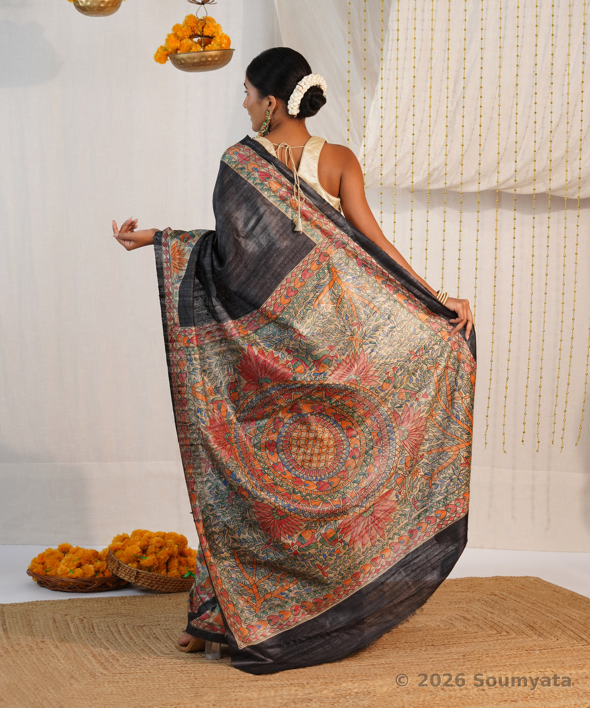 Black Hand Painted Madhubani Tussar Ghicha Silk Saree – Bhagalpuri Handloom