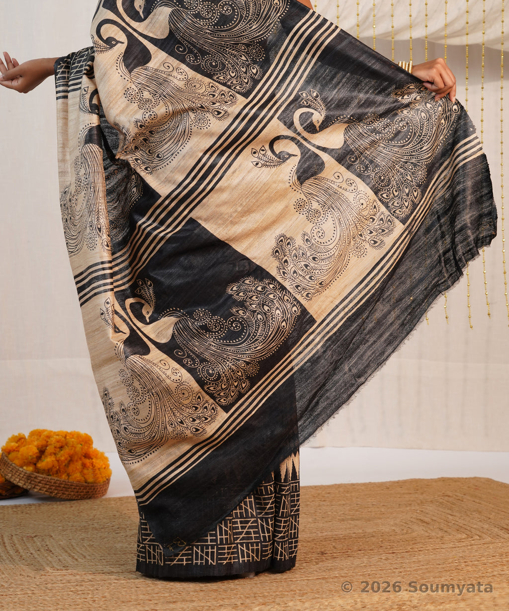 Black and Beige Peacock Print Tussar Ghicha Silk Saree – Bhagalpuri Handloom