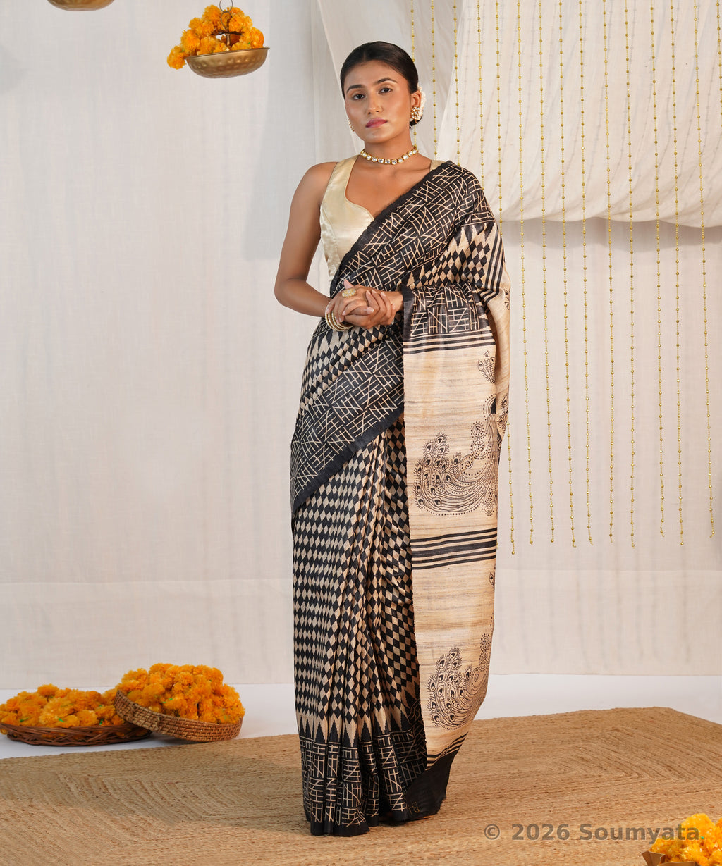Black and Beige Peacock Print Tussar Ghicha Silk Saree – Bhagalpuri Handloom