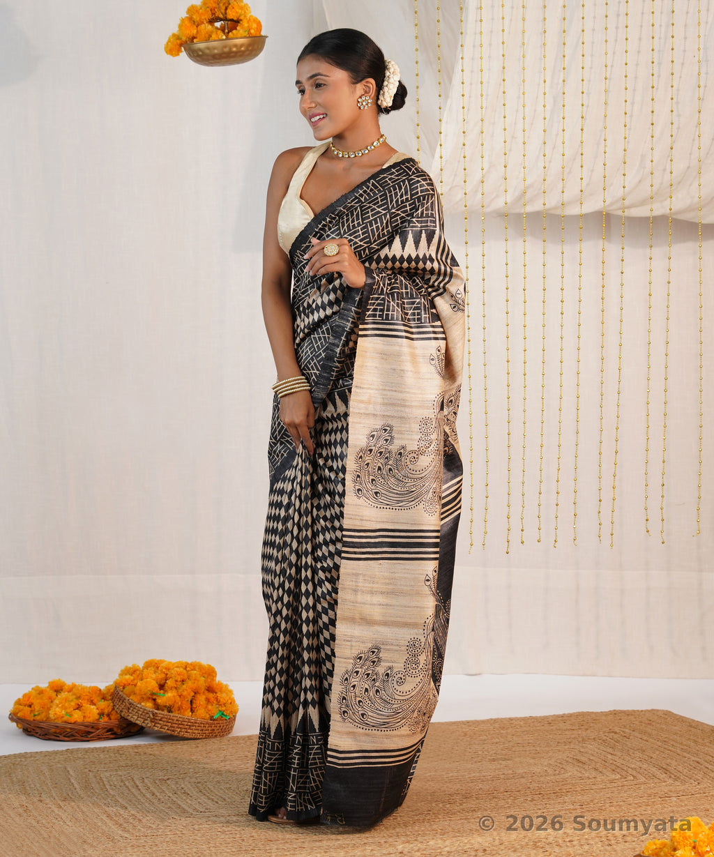 Black and Beige Peacock Print Tussar Ghicha Silk Saree – Bhagalpuri Handloom
