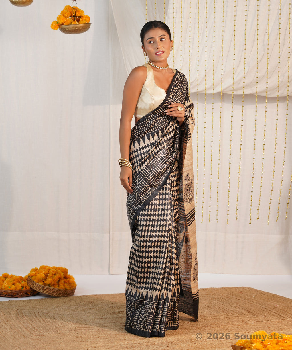 Black and Beige Peacock Print Tussar Ghicha Silk Saree – Bhagalpuri Handloom