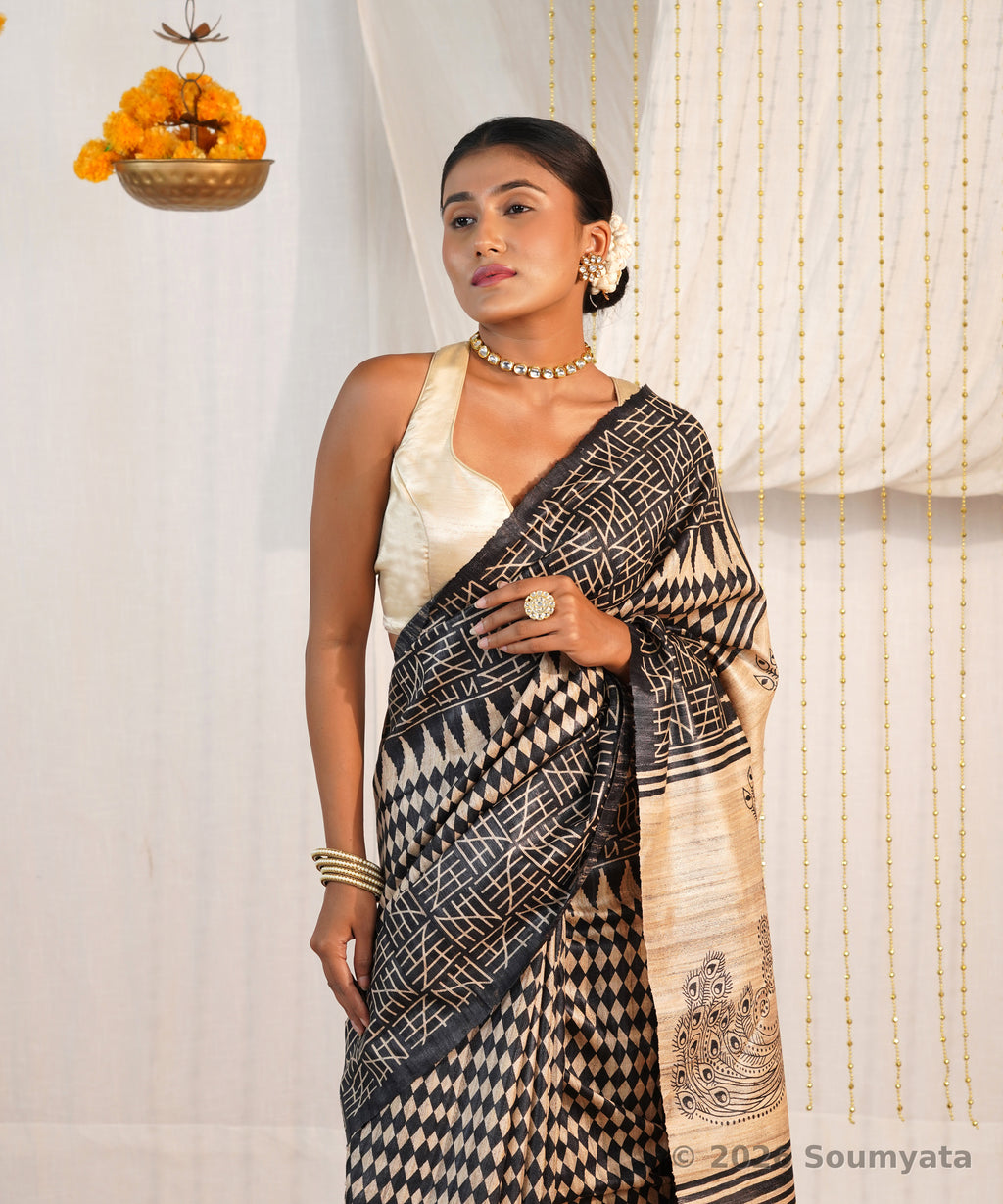 Black and Beige Peacock Print Tussar Ghicha Silk Saree – Bhagalpuri Handloom