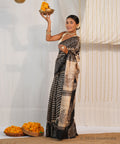 Black and Beige Peacock Print Tussar Ghicha Silk Saree – Bhagalpuri Handloom