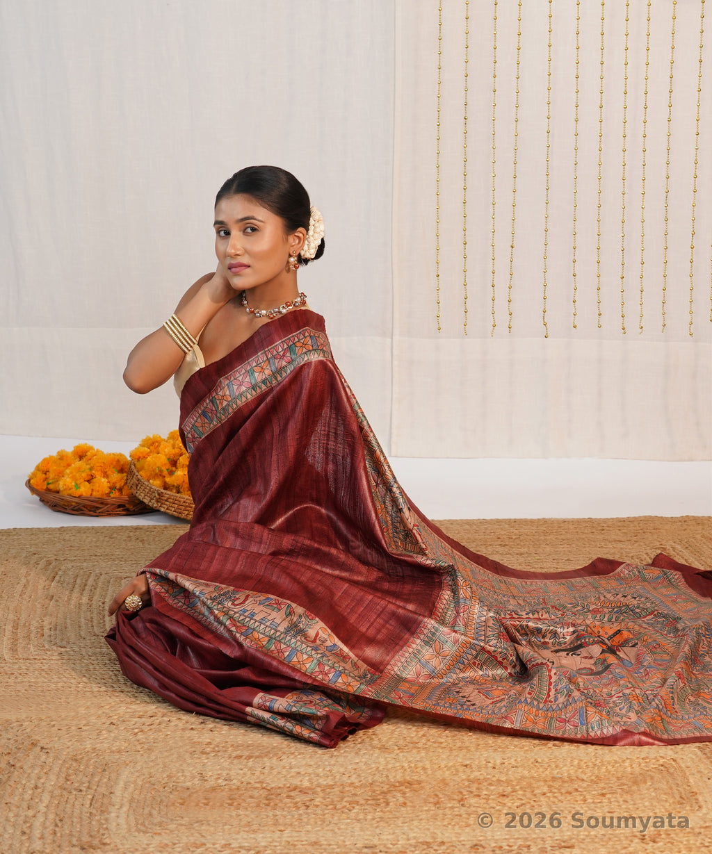 Maroon Hand Painted Madhubani Tussar Ghicha Silk Saree – Bhagalpuri Handloom