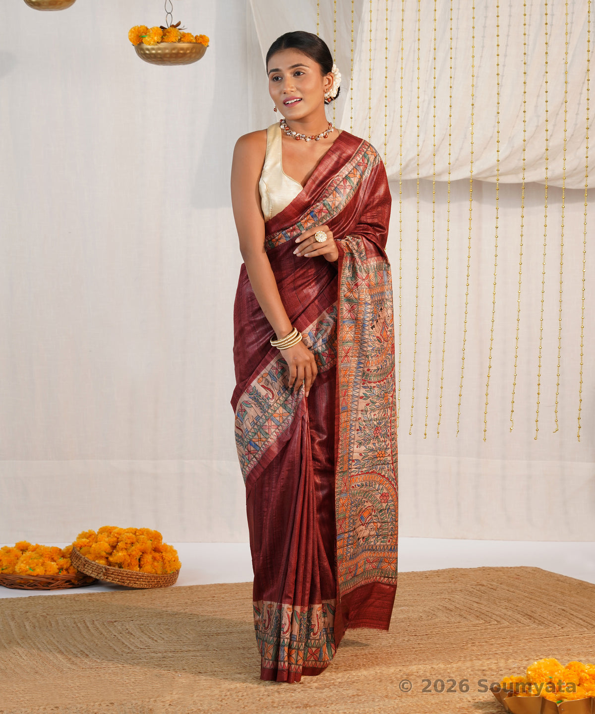 Maroon Hand Painted Madhubani Tussar Ghicha Silk Saree – Bhagalpuri Handloom