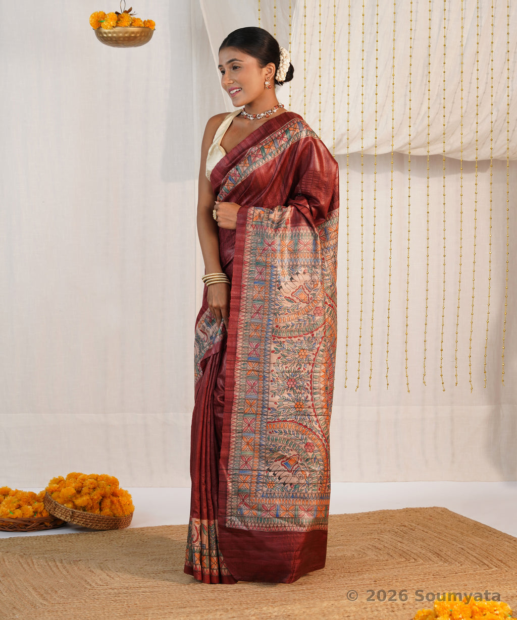 Maroon Hand Painted Madhubani Tussar Ghicha Silk Saree – Bhagalpuri Handloom