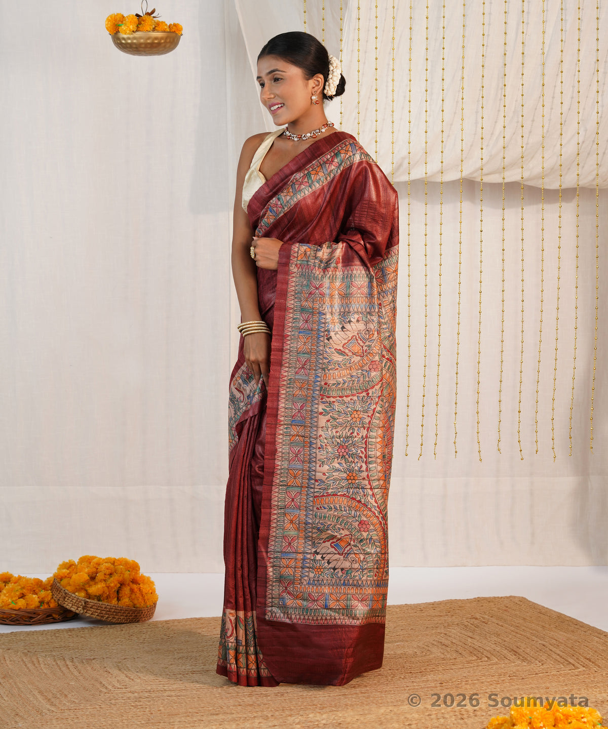 Maroon Hand Painted Madhubani Tussar Ghicha Silk Saree – Bhagalpuri Handloom