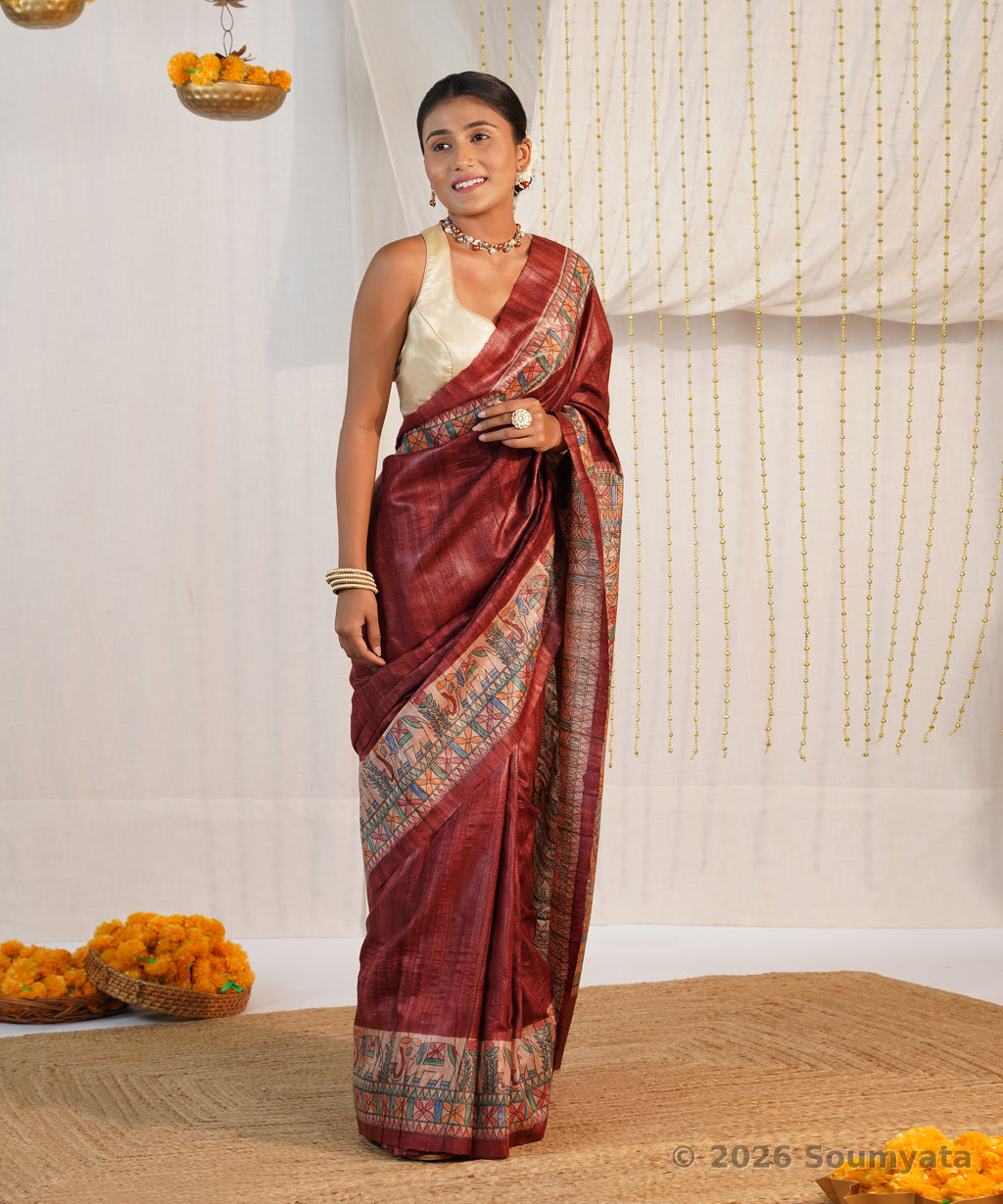 Maroon Hand Painted Madhubani Tussar Ghicha Silk Saree – Bhagalpuri Handloom