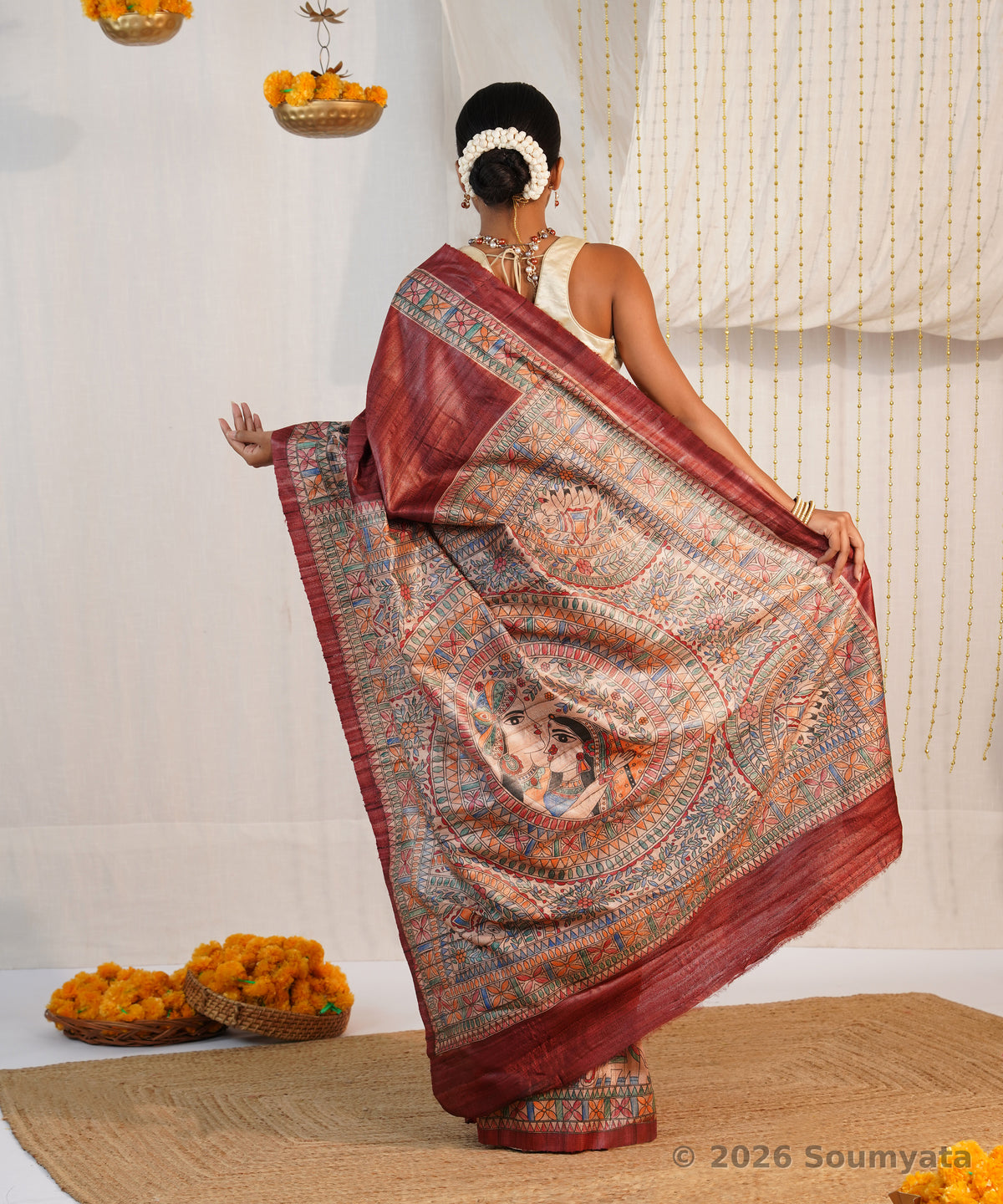 Maroon Hand Painted Madhubani Tussar Ghicha Silk Saree – Bhagalpuri Handloom