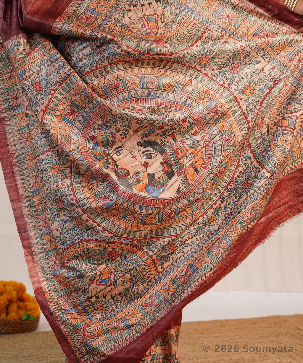 Maroon Hand Painted Madhubani Tussar Ghicha Silk Saree – Bhagalpuri Handloom