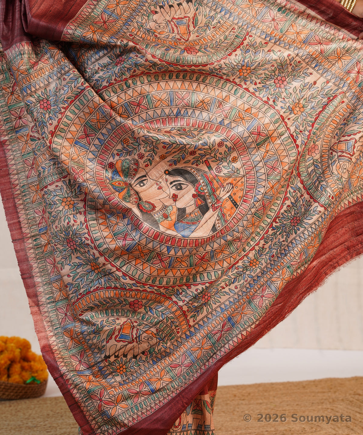 Maroon Hand Painted Madhubani Tussar Ghicha Silk Saree – Bhagalpuri Handloom
